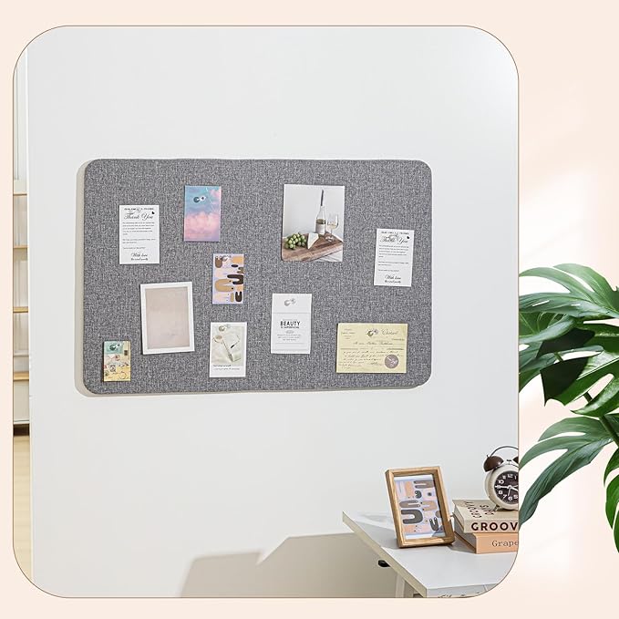 36"x 24"Linen Fabric Bulletin Board Pinboard for Walls Display Frameless Pinboard Display Notice Memory Board for Office Walls Home Kitchen Easy to Install(Grey)