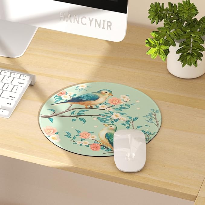 Mouse Pad for Desk, Floral Flower Bird Small Cute Mousepad with Non-Slip Base, Round Mouse Pads for Wireless Mouse Laptop Gaming, Computer Mouse Mat for Home Office Travel Desk Accessories