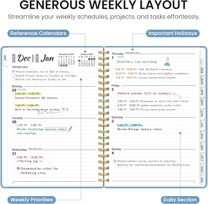 2026 Planner, Weekly and Monthly Calender Planner, Jan 2026 to Dec 2026, Hardcover 2026 Calendar Book with Tabs & Inner Pocket, Office Home School Supplies for Women & Men - A5 (6.3" x 8.5"), Blue