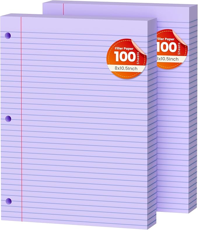 Purple Loose Leaf Paper 200 Sheets Colored Filler Paper 2 Pack 8 * 10.5 College Ruled Paper 3-Hole Punched Paper for 3-Ring Binders Notebook Lined 8" x 10.5"