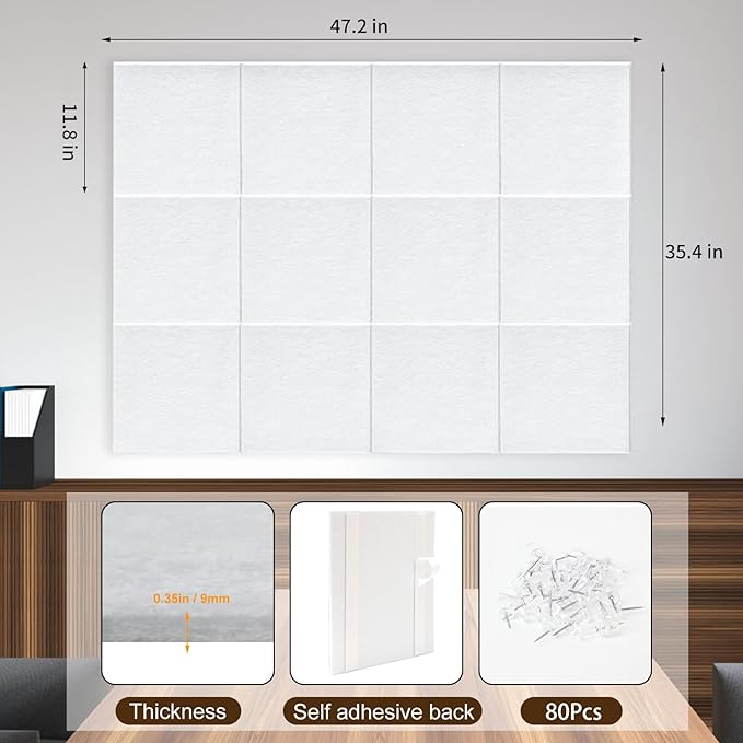 Large Cork Board for Wall 47" x 35", Bulletin Board, 12 Pack Felt Wall Tiles With 80 Pushpins, Pin Board Tack Board for Office