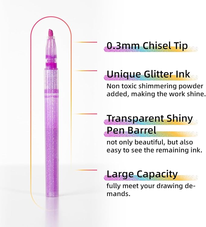 Glitter Highlighters,10Pcs Sparkle Glitter Markers,Chisel Tip Glitter Pens,Glitter Highlighter Assorted Colors ,Mess Free Sparkle Markers,Colorful Supplies for Drawing,Coloring,Journaling,Scrapbooking