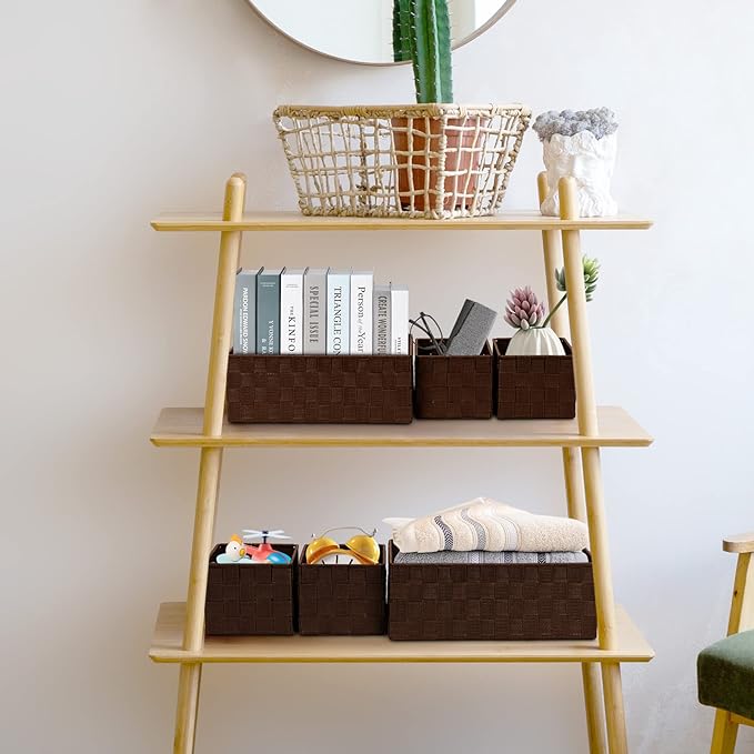 Posprica Woven Storage Baskets for Organizing 6 Pack, Large&Small Storage Cube Bins Set for Bathroom, Storage Boxes Container for Drawer, Closet, Shelf, Dresser, Brown