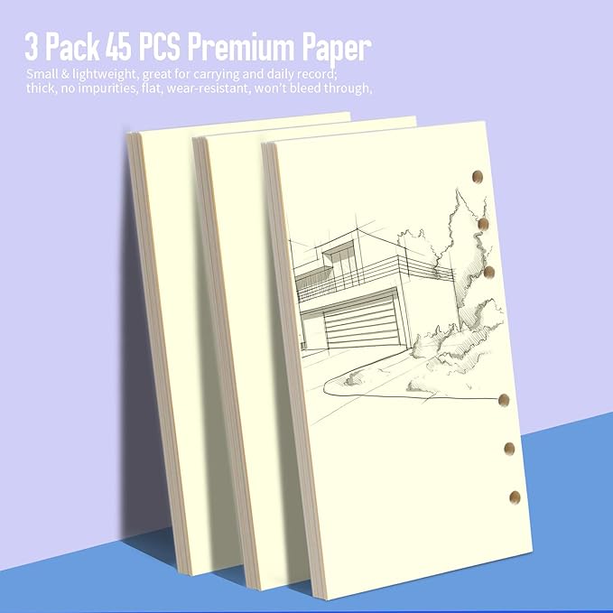 LEOBRO A6 Blank Paper, 135 PCS Planner Inserts for A6 Binder, Notebook, Loose Leaf Paper Refill with Binder Pockets & Dividers & Paperboard, Planner Refills (6.73"x3.74")