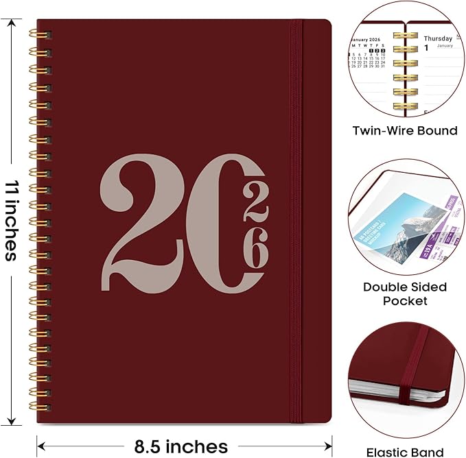 2026 Planner, Weekly and Monthly Calender Planner, Jan 2026 to Dec 2026, Hardcover 2026 Calendar Book with Tabs & Inner Pocket, Office Home School Supplies for Women & Men - A4 (8.5" x 11"), Burgundy
