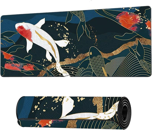 Watercolor Japanese Koi Fish Extended Gaming Mouse Pad Large Desk Mat with Non-Slip Rubber Base and Stitched Edges,Keyboard Mouse Mat Desk Pad for Work,Game,Office,Home 35.4 * 15.7 Inch