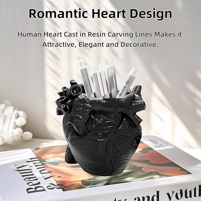 Heart-shaped Pen Holder for Desk Accessories Halloween Decor and Office Decor, Pencil Holder for Desk Organizers, Compact Desk Accessories Gift, Pencil Cup for School, Office, Home (Black)