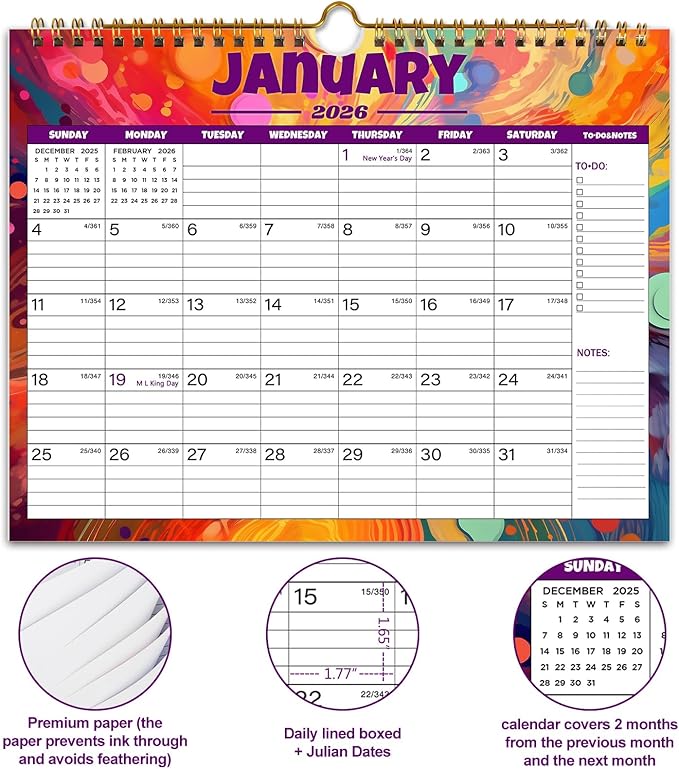 Calendar 2026-12 Monthly Wall Calendar 2026, January 2026 - December 2026,11.5" x 14.8", 2026 Calendar with Twin-Wire Binding, Hanging Hook, Blocks and Julian Dates (Wall Calendar)