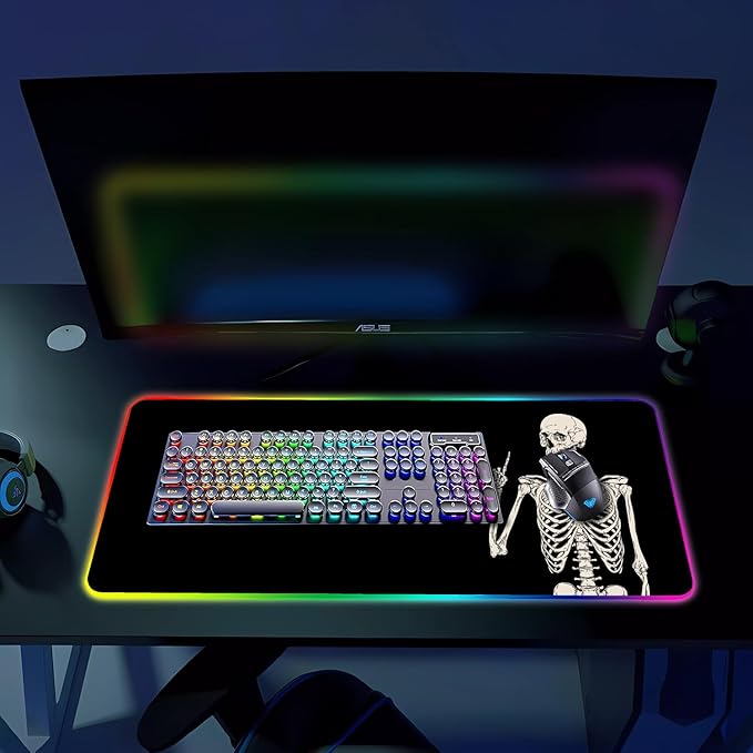 RGB Gaming Mouse Pad, Large Mousepad with Led Light, Big Keyboard Pad Gaming Accessories for Desk, Non-Slip Rubber Base Black Human Skeleton Mouse Mat for Gamer, 31.5 X 11.8 Inch