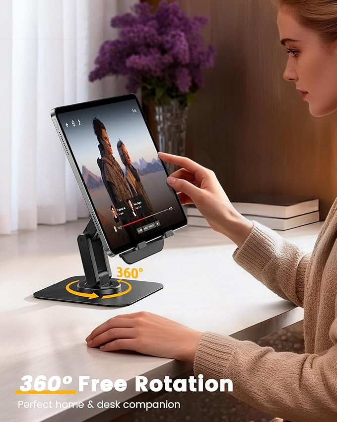 Lamicall Rotating Tablet Stand for Desk - [Fully Adjustable][Foldable & Portable] iPad Stand with Heavy-Duty Base, Tablet Holder Gifts for 4.7-13" Devices, 2025 iPad Pro Air, Kindle, iPhone 17 Pro