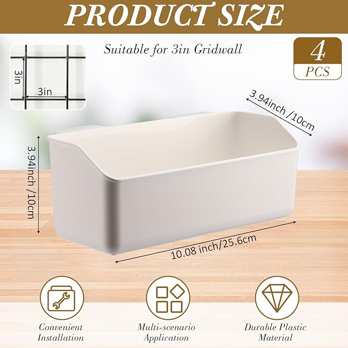 Gridwall Baskets, Grid Wall Storage Bin Plastic Grid Wall Panels Bins for 3 Inch Gridwall Panel for Organizing Storage Display Kitchen Home Office Garage Bathroom(White,4 Pcs)