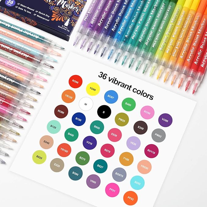 36 Colors Extra Fine Tip Paint Pens Paint Markers, Premium Acrylic Paint Pens For Rock Painting, Canvas, Wood, Glass, Ceramic, Fabric, Acrylic Paint Markers Set for Painting Supplies