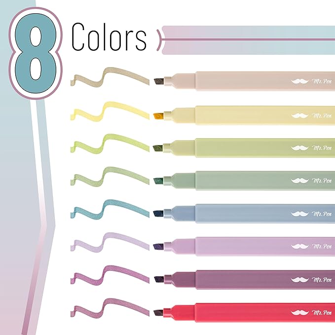 Mr. Pen- Aesthetic Highlighters, 8 Pcs, Chisel Tip, Muted Pastel Color, No Bleed Bible Highlighter Pastel, Assorted Colors