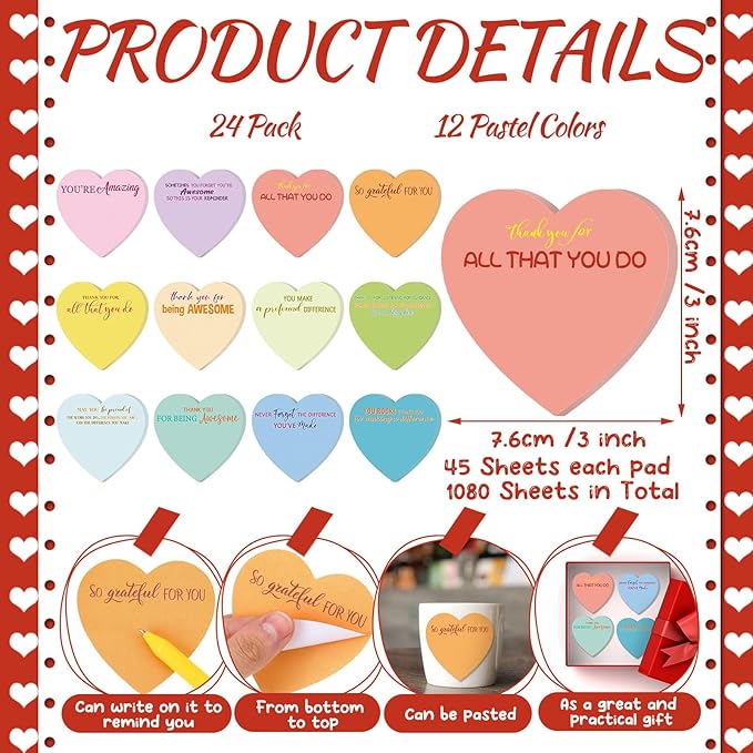 Teling 24 Pack Valentine's Day Sticky Notes Heart Shape Sticky Notes 3 x 3 Inch Thank You Notepads Bulk Cute Memo Pads for Galentines Party Gifts School Office Supplies (Pastel)