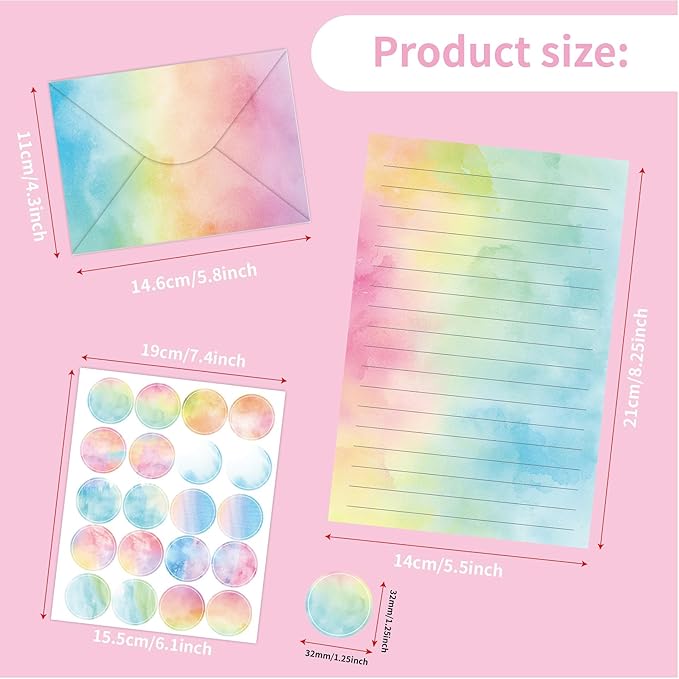 160 Packs Stationery Paper Set (50 Single-Sided Stationery Writing Papers 50 Matching Envelopes) 60 Round Dot Sticker, 10 Design Colorful Letter Paper Stationary Stes,5.5 x 8.25 Inch. (Watercolor)