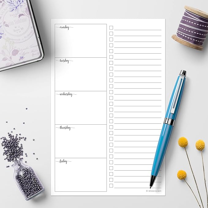 321Done Weekly Planning Notepad, 5.5x8.5, Made in USA, M-F Week Day Schedule & To Do Task List, Perforated Tear Off Checklist (50 Pages), Thick Paper, Simple Script Design
