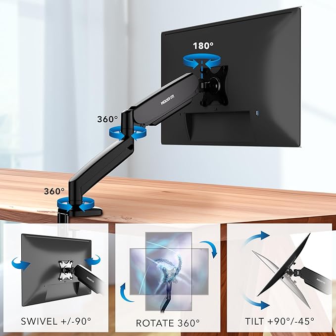 Mount-It! Monitor Arm – Single Monitor Desk Mount, Articulating Gas Spring Arm, Fully Adjustable 13"-32" Screens, VESA 75x75 100x100, Clamp & Grommet Base, Holds 17.6 lbs