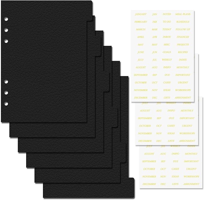 Leather Textured A5 Paper Card Dividers 6 Holes Ring Index Page Tab Divider for Travel Diary Binder Notebooks Journal Plan (6 Tab with 3 Stickers)