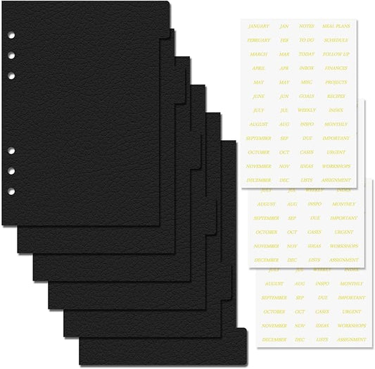 Leather Textured A5 Paper Card Dividers 6 Holes Ring Index Page Tab Divider for Travel Diary Binder Notebooks Journal Plan (6 Tab with 3 Stickers)