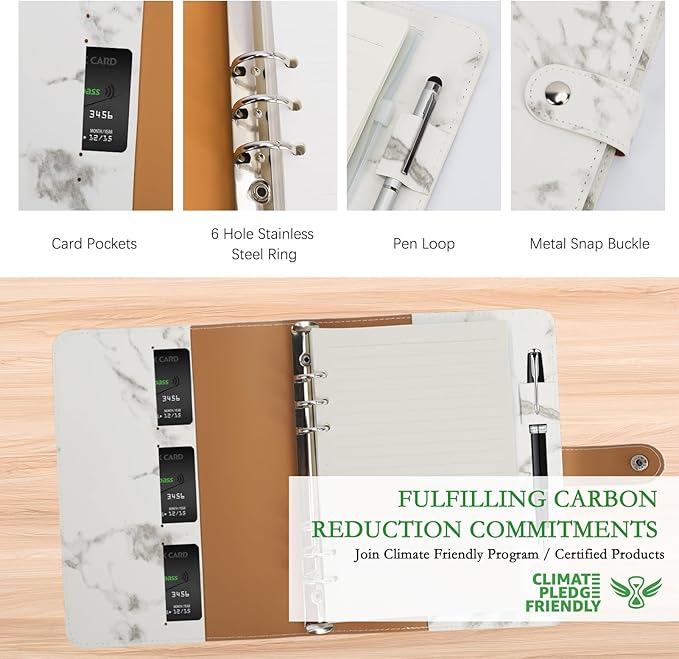 FYY A5 Binder Refillable Planner Notebook 6 Ring PU Leather Binder Journal with Pockets, Dividers, Refill Paper Marble White