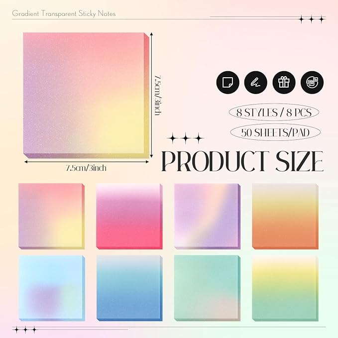 400 Sheets Gradient Transparent Sticky Notes 3 x 3 Inch Clear Pastel Aesthetic Self-Adhesive Sticky Notes for Annotating Bible Journaling Office College Supplies, 8 Pads