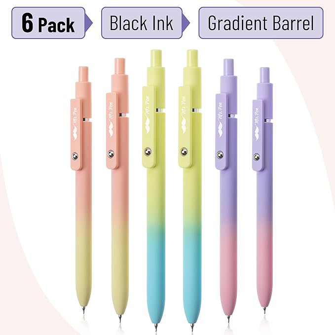 Mr. Pen- Retractable Gel Pens, 6 Pack, Gradient Color Barrels, Black Gel Pens, Fast Dry, Fine Point 0.5mm, Retractable, Cute Pens, Gel Ink Pens, Aesthetic Pens for Journaling