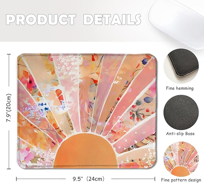 Modern Horizontal Boho Orange Sun floral Mouse Pad,Abstract Watercolor Sunrise Mouse Pads Mousepad for Desk Home Office Dorm Computers Laptop, Boho Office Supplies Desk Accessories, 9.5x7.9 Inch