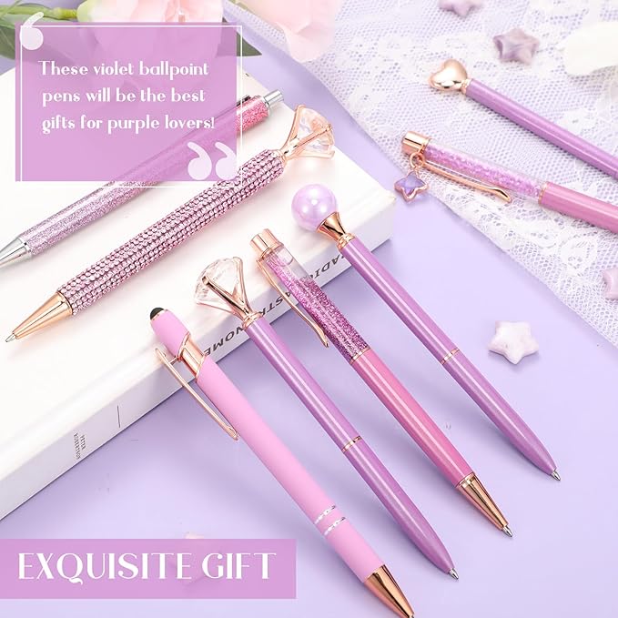 Janmini 9 Pcs Ballpoint Pens Set Metal Crystal Diamond Glitter Pens for Journaling Black Ink Pretty Cute Things Fancy Stationery Gifts for Women Girls Birthday Home Office Desk(Violet)