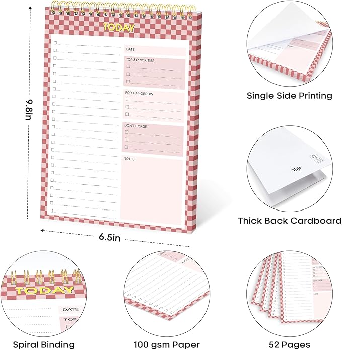 To Do List NotePad, Aesthetic To Do List Notebook for Work With 52 Sheet For Daily Tasks and Goal Setting, Undated Daily Planner Perfect for Office, Home and School Supplies - Rose Checkered
