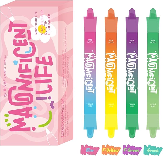 Pastel Highlighters and Highlighter Set for School - 8 Assorted Colors, Dual Tip 4-Pack with No-Bleed Quick Dry Ink, Chisel & Bullet Tips (Dopamine)