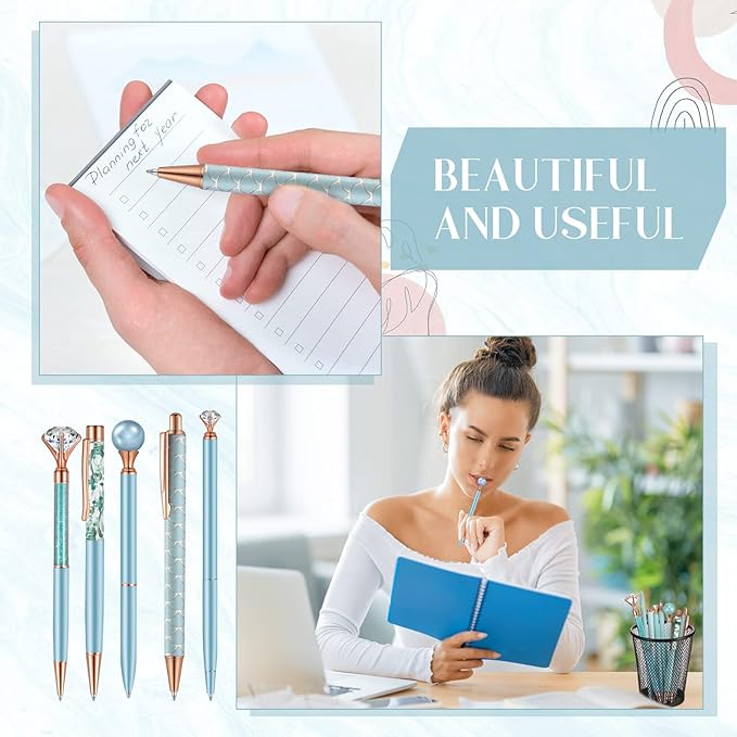 Janmini 9 Pcs Ballpoint Pens Set Metal Crystal Diamond Glitter Pens for Journaling Black Ink Pretty Cute Things Fancy Stationery Gifts for Women Girls Birthday Home Office Desk(Blue)