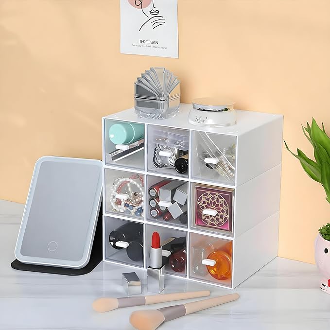 Desktop Drawers, Desk Organizer with 9 Drawers, Stackable Plastic Storage Box for Home Collection, Cosmetics, Jewelry, Office Supplies (3 Tiers, White)