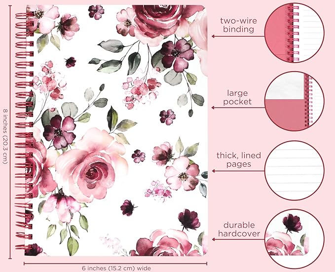 Steel Mill & Co Cute Mini Spiral Notebook, 8.25" x 6.25" Journal with Durable Hardcover and 160 Lined Pages, Rose Floral