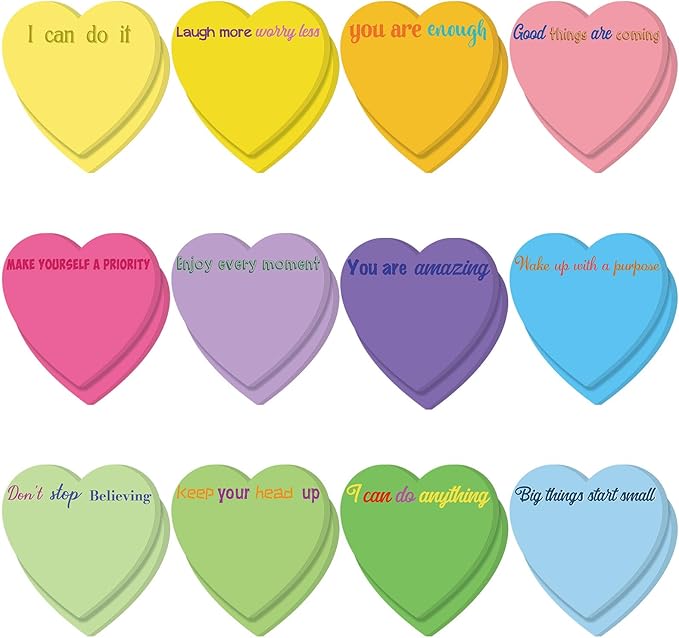 Teling 24 Pack Valentine's Day Sticky Notes Heart Shape Sticky Notes 3 x 3 Inch Motivational Notepads Bulk Cute Memo Pads for Galentines Party Gifts School Office Supplies (Bright)