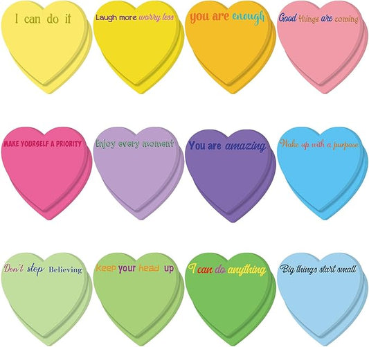 Teling 24 Pack Valentine's Day Sticky Notes Heart Shape Sticky Notes 3 x 3 Inch Motivational Notepads Bulk Cute Memo Pads for Galentines Party Gifts School Office Supplies (Bright)