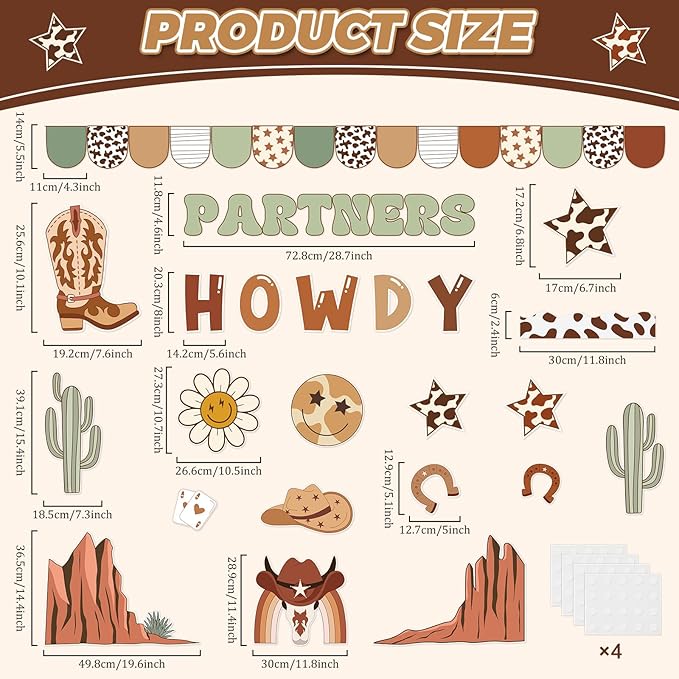 Western Cowboy Bulletin Board Decoration Set Retro Groovy Classroom Decorations Howdy Partners West Cowboy Themed Paper Cutouts for Classroom School Home Wall Chalkboard Office Party Decor Supplies