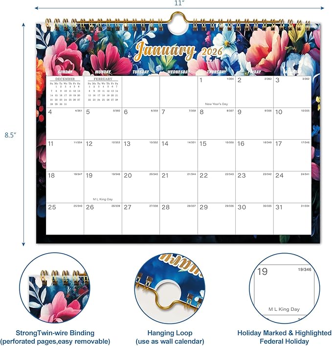 Calendar 2026-18 Monthly Wall Calendar, January 2026 - June 2027, 8.5" x 11", Calendar 2026-2027 with Twin-Wire Binding, Hanging Hook, Blocks and Julian Dates (Bright Wall Calendar)
