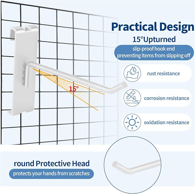 20Pcs Gridwall Hooks, Metal Grid Panel Hanging Peg Hooks, Grid Wall Accessory for Clothes Storage, Home Organization, Retail Display (White, 6"/15Cm)