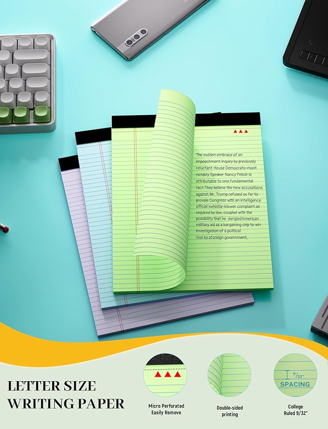 Colored Legal Pads, 3 Pack Writing Pads 8.5 x 11, Note Pads 8.5 x 11 College Ruled, Easy Tear-Off, Note Pads Lined Paper Pads 8-1/2 x 11 Notebook Paper for Office Supplies, 30 Sheets/Pad