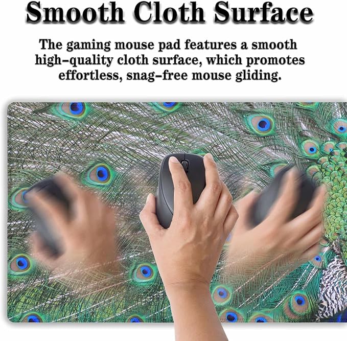 Computer Mat Blue mats, Large Mousepads Keyboard Mouse Pad, Chic Office Desk Accessories Non-Slip Rubber Base Waterproof with Stitched Edges, 35.4 X 15.7 inch for Work/Game/Office Peacock
