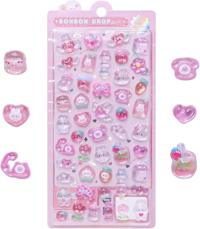 3D Cute Cartoon Pink Rabbit Puff Stickers - Kawaii Mini Puffy Reusable Stickers for Scrapbooks, Planner, Journals, Laptops, Phone Case Decoration