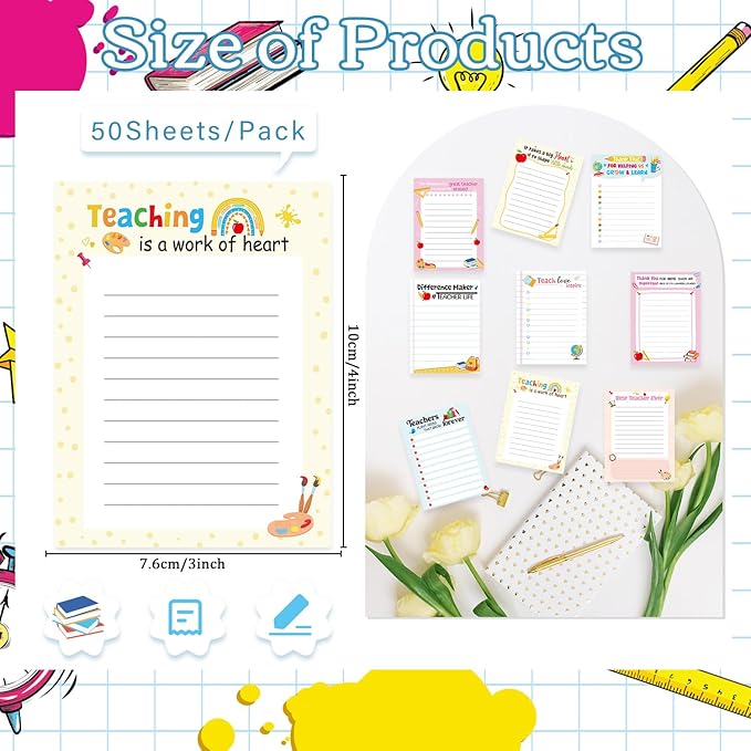 Teacher Sticky Notes Gifts - 9 Pack Inspirational Sticky Notes 3x4 Inch Thank You Teacher Appreciation Week Gifts Post Self-Stick Memo Pad Office School Supplies 450 Sheets
