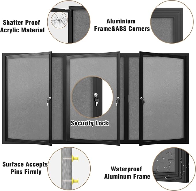 Mifuro 70"x34" Enclosed Bulletin Board, Outdoor Lockable Weather-Resistant Aluminum Cork Noticeboard for School & Office, Black Frame w/Grey Flet