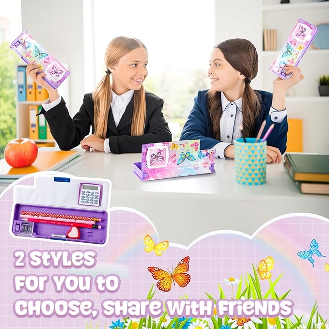 Henoyso Multifunctional Pencil Box for Girls Butterfly Pencil Case with Calculator and Sharpener Cool Cute Pencilcase School Supplies Essentials Christmas Birthday Gift Present for Kids Teens