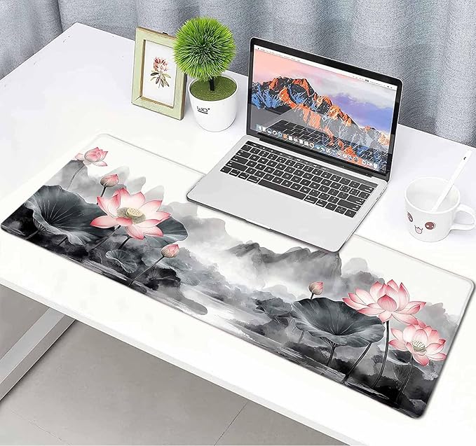 Vintage Lotus Mountain Japanese Large Mouse Pad, Desk Mat Computer Keyboard Pad Non-Slip Rubber Base Waterproof with Stitched Edges for Laptop Gaming, Office & Home 31.5 x 11.8 Inch