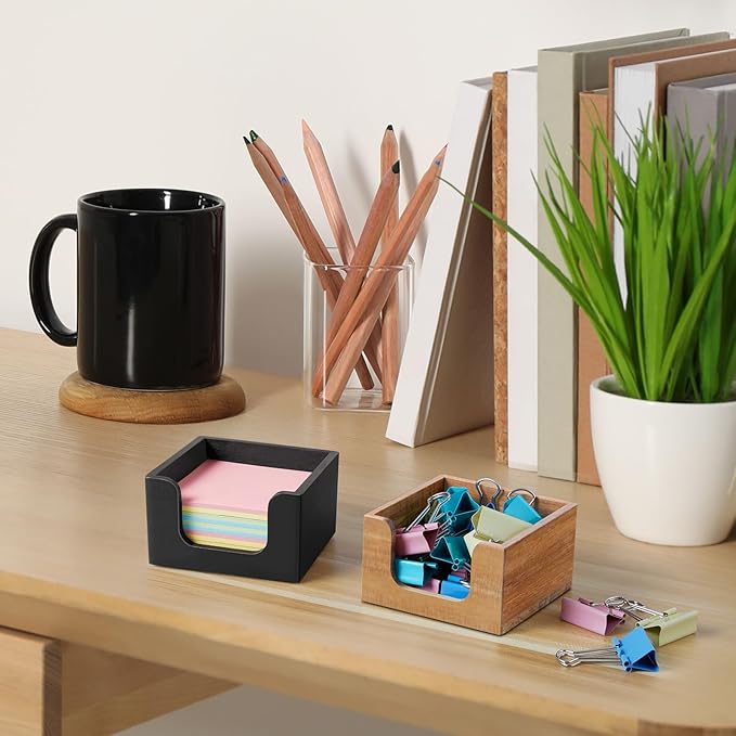 Bivvclaz Wood Sticky Note Holder, 3 x 3 Inch Post It Note Dispenser for Office Desk Accessories, Self Stick Note Pad Holder, Memo Pad Holder Dispenser Organizer for School Office Desk Supplies, Black