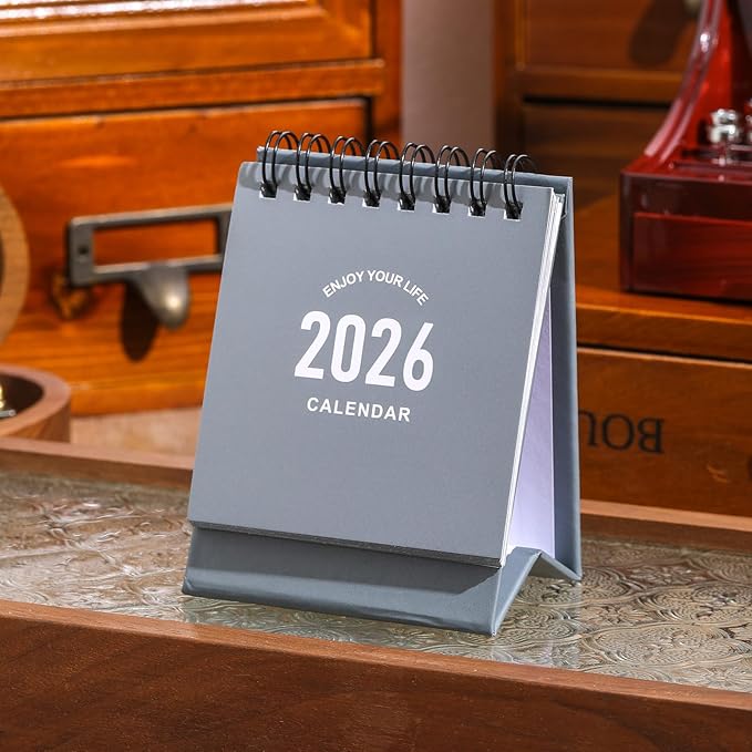 Mini Desk Calendar 2026-2027 - Use January 2026 to June 2027, Small Desktop Calendar Thick Paper Twin-Wire Binding with Stickers for Home Office School (Mini Grey)
