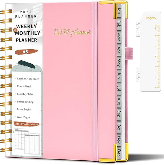 2026 Planner, Weekly and Monthly Calendar Planner from January 2026 - December 2026, 5.75" x 8.38" Hardcover Leather Hourly Appointment Book with Tabs, A5 Spiral Daily Planners for College School Work Home, Light Pink