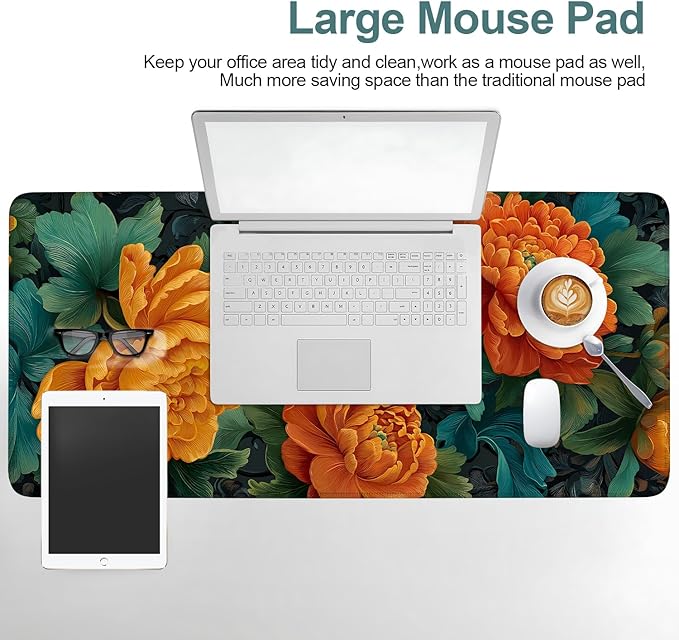 Retro Flower Extended Gaming Mouse Pad 35.4x15.7Inch Large Desk Mat Anti-Slip Rubber Base & Durable Stitched Edges for Gamers Smooth Mouse Writing Surface for Desk Office/Home