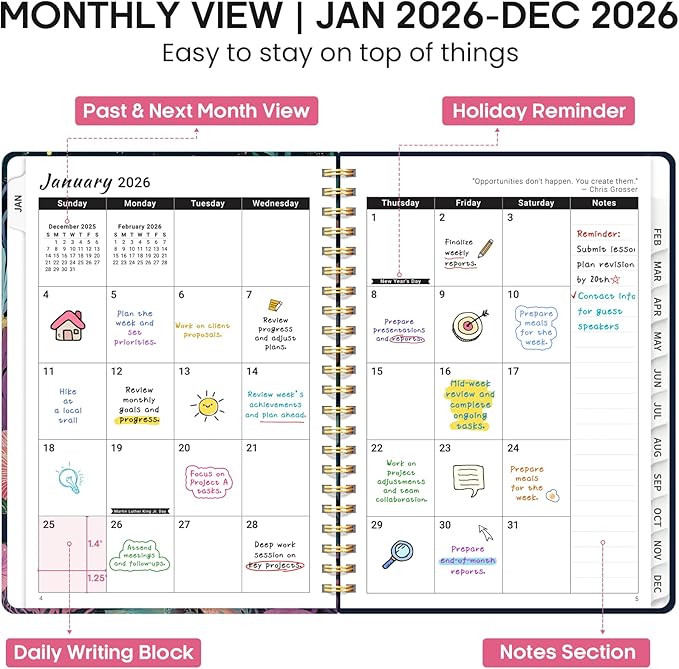 2026 Planner, Weekly and Monthly Calendar Planner Book, January 2026 - December 2026, Hardcover Spiral Planner with Monthly Tabs, Notes Pages, Perfect for Women & Men, A5 (6.4" x 8.5") - Jellyfish